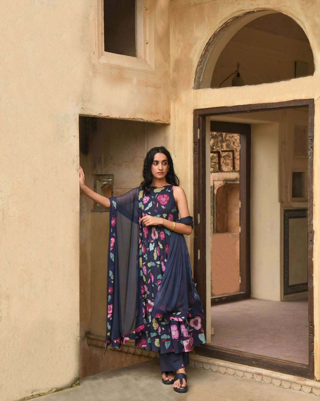 Blue Kurta Set With Chiffon Dupatta at Kamakhyaa by Taro. This item is Blue, Casual Wear, Chiffon, Digital Print, Enchanted Garden, Evening Wear, Fitted At Waist, Indian Wear, July Sale, July Sale 2023, Kurta Pant Sets, Kurta Set With Dupatta, Mulmul, Natural, Natural with azo free dyes, Womenswear