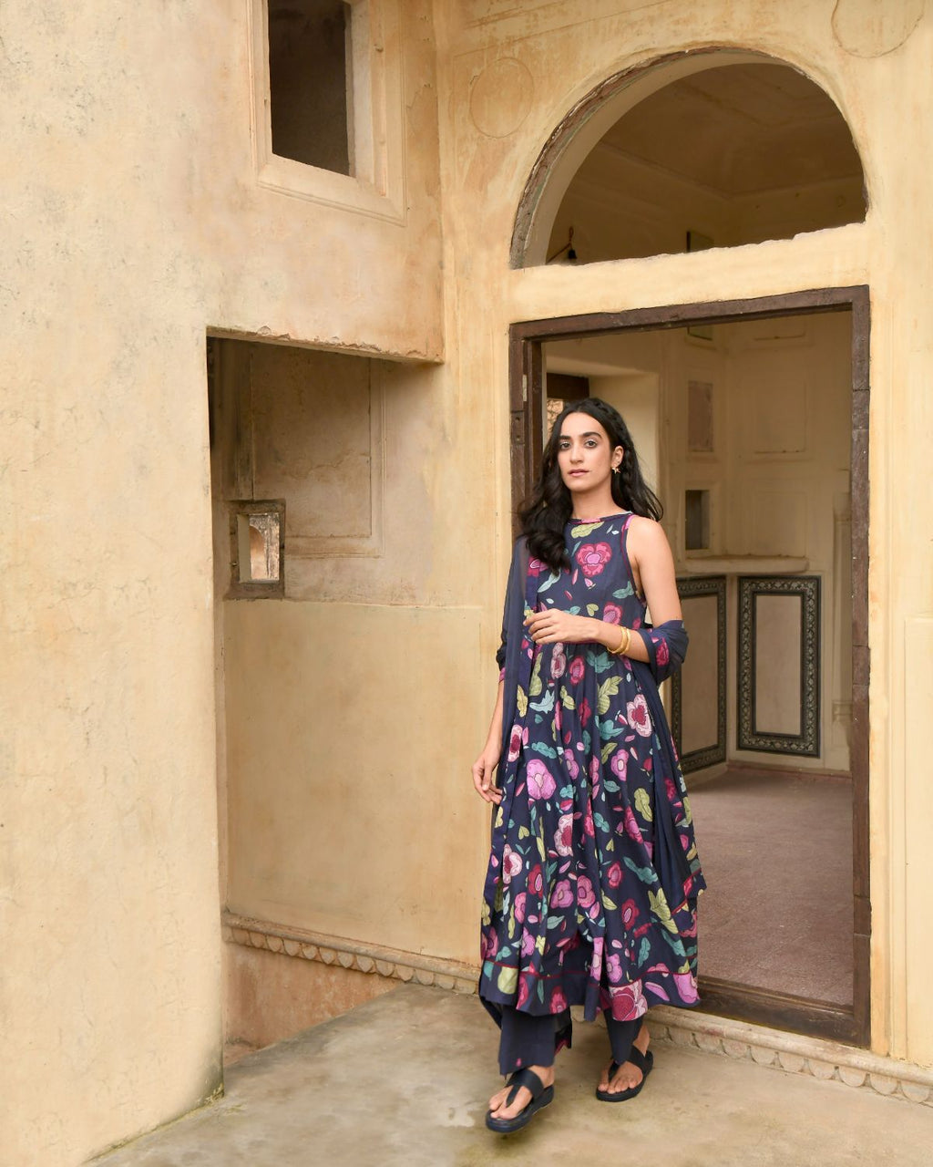 Blue Kurta Set With Chiffon Dupatta at Kamakhyaa by Taro. This item is Blue, Casual Wear, Chiffon, Digital Print, Enchanted Garden, Evening Wear, Fitted At Waist, Indian Wear, July Sale, July Sale 2023, Kurta Pant Sets, Kurta Set With Dupatta, Mulmul, Natural, Natural with azo free dyes, Womenswear