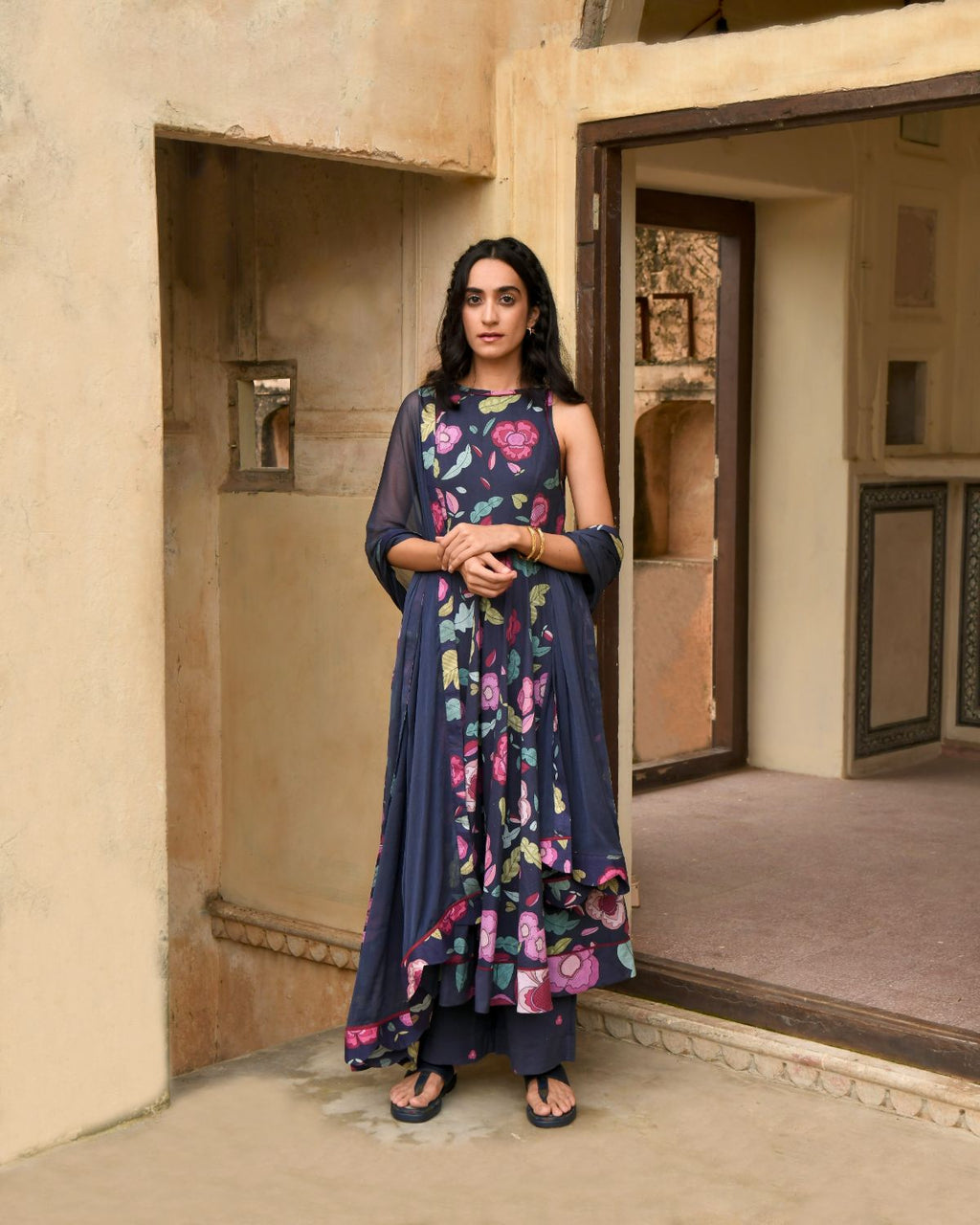Blue Kurta Set With Chiffon Dupatta at Kamakhyaa by Taro. This item is Blue, Casual Wear, Chiffon, Digital Print, Enchanted Garden, Evening Wear, Fitted At Waist, Indian Wear, July Sale, July Sale 2023, Kurta Pant Sets, Kurta Set With Dupatta, Mulmul, Natural, Natural with azo free dyes, Womenswear