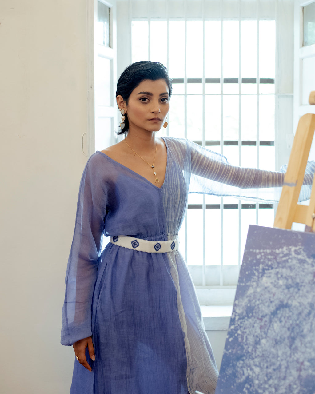 Blue Lagoon at Kamakhyaa by The Loom Art. This item is Blue, Casual Wear, Chanderi Organza Silk, July Sale, July Sale 2023, Lucid Dreams, Luicid Dream, Midi Dresses, Organic, Solids, Womenswear
