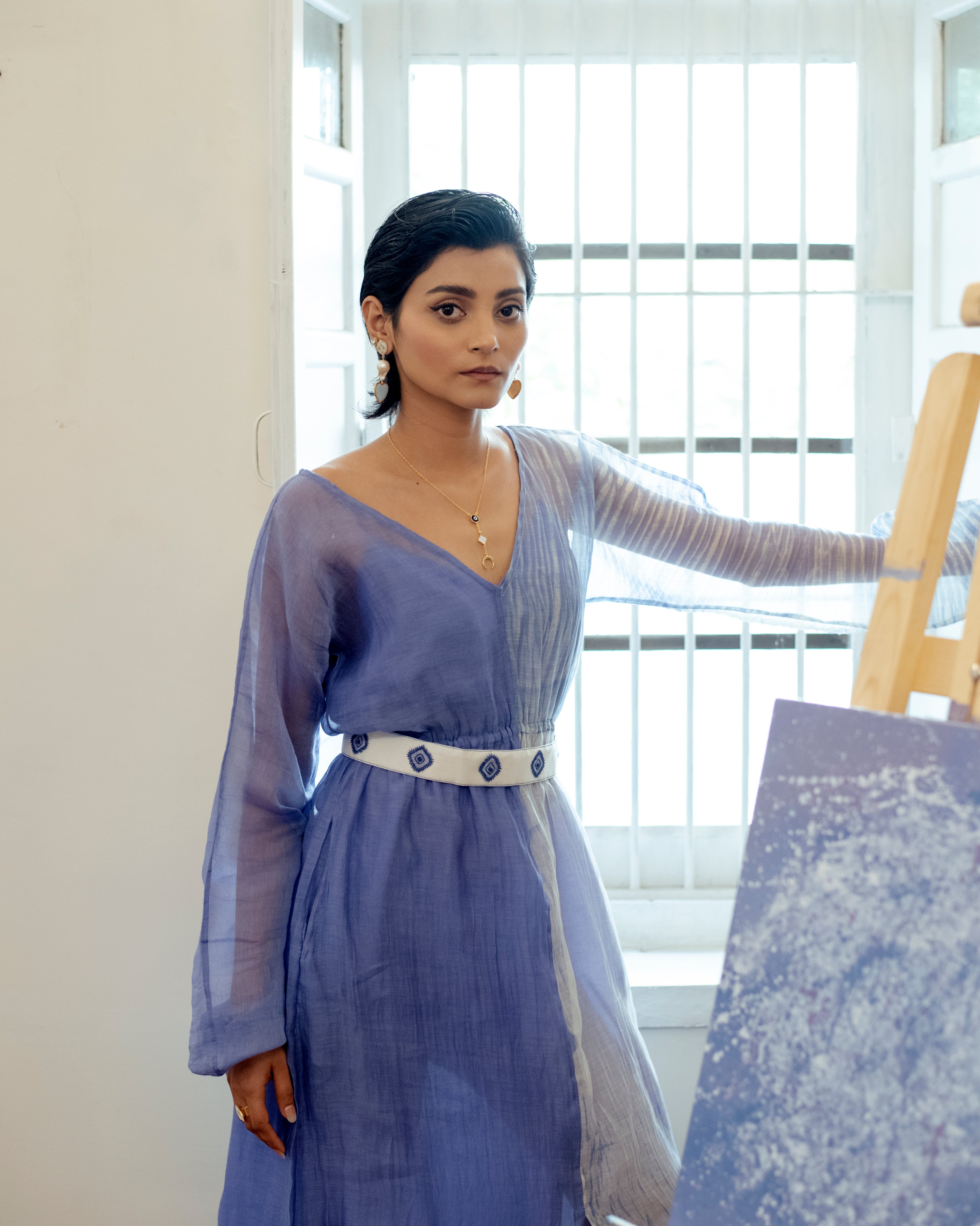 Blue Lagoon at Kamakhyaa by The Loom Art. This item is Blue, Casual Wear, Chanderi Organza Silk, July Sale, July Sale 2023, Lucid Dreams, Luicid Dream, Midi Dresses, Organic, Solids, Womenswear