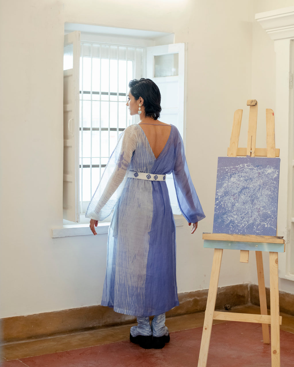 Blue Lagoon at Kamakhyaa by The Loom Art. This item is Blue, Casual Wear, Chanderi Organza Silk, July Sale, July Sale 2023, Lucid Dreams, Luicid Dream, Midi Dresses, Organic, Solids, Womenswear