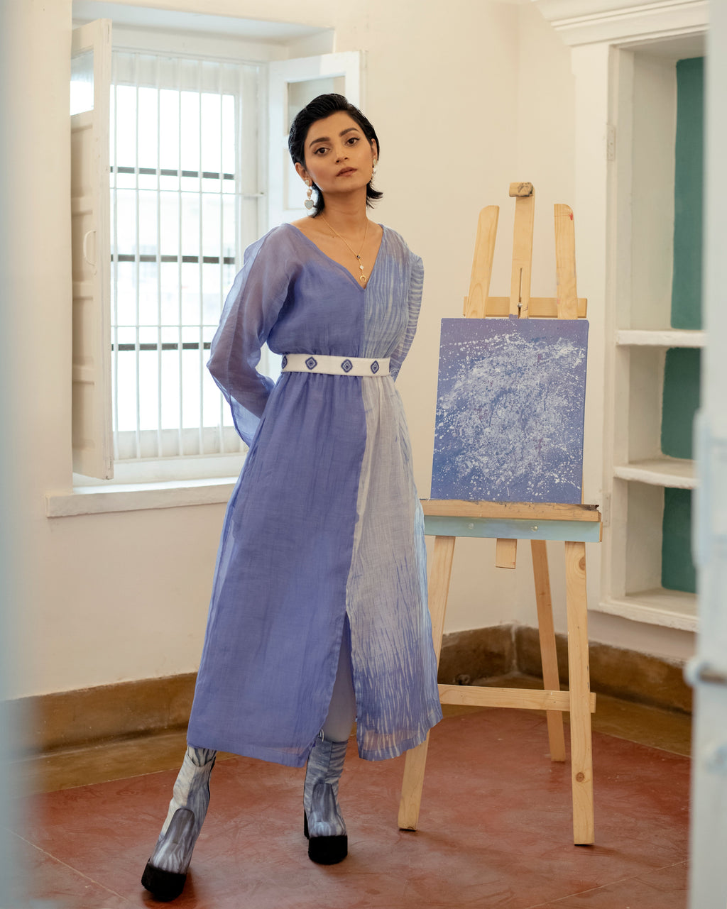 Blue Lagoon at Kamakhyaa by The Loom Art. This item is Blue, Casual Wear, Chanderi Organza Silk, July Sale, July Sale 2023, Lucid Dreams, Luicid Dream, Midi Dresses, Organic, Solids, Womenswear