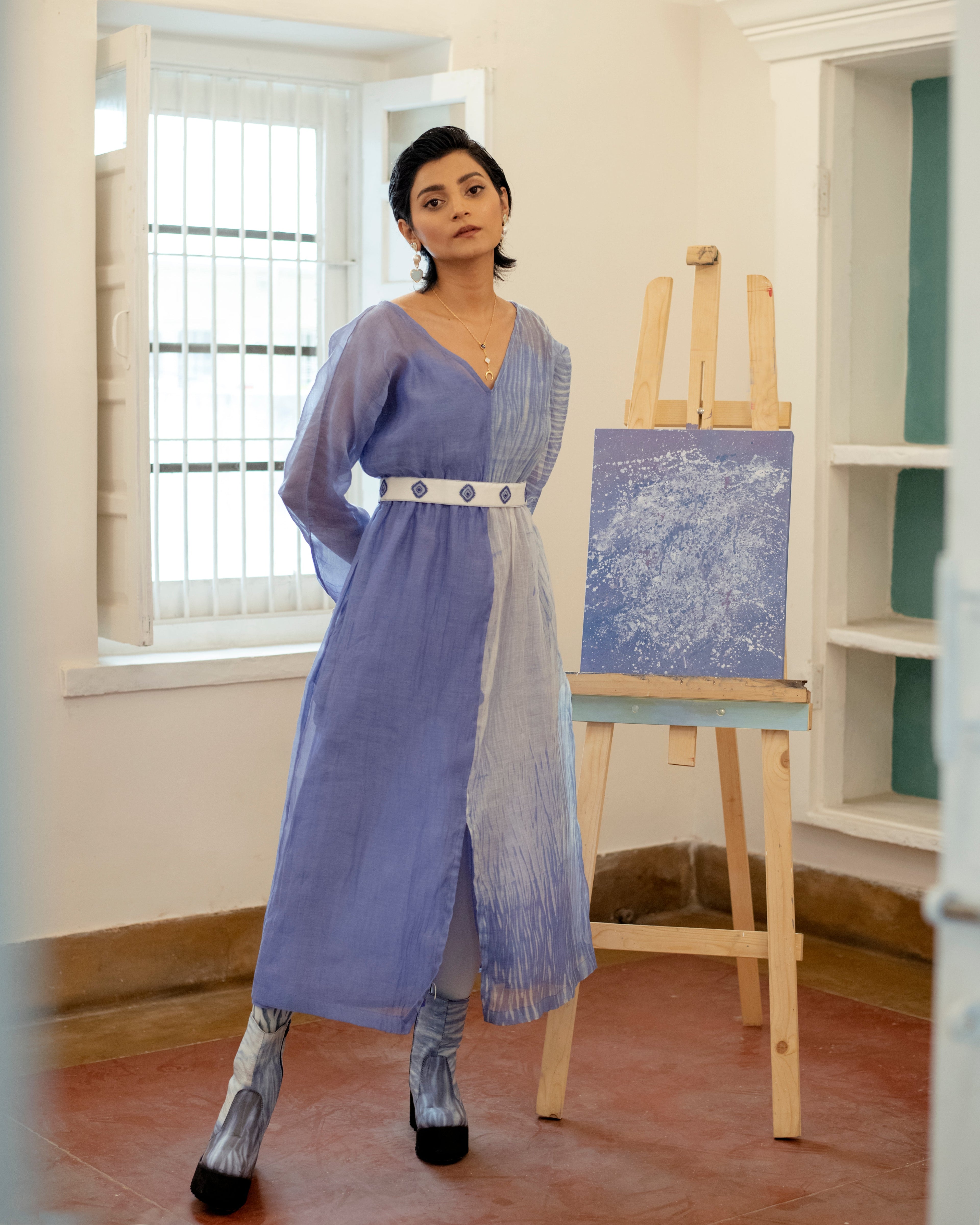 Blue Lagoon at Kamakhyaa by The Loom Art. This item is Blue, Casual Wear, Chanderi Organza Silk, July Sale, July Sale 2023, Lucid Dreams, Luicid Dream, Midi Dresses, Organic, Solids, Womenswear