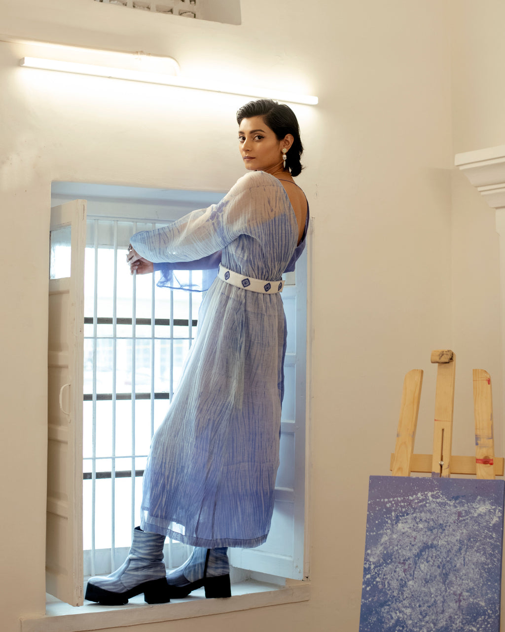 Blue Lagoon at Kamakhyaa by The Loom Art. This item is Blue, Casual Wear, Chanderi Organza Silk, July Sale, July Sale 2023, Lucid Dreams, Luicid Dream, Midi Dresses, Organic, Solids, Womenswear