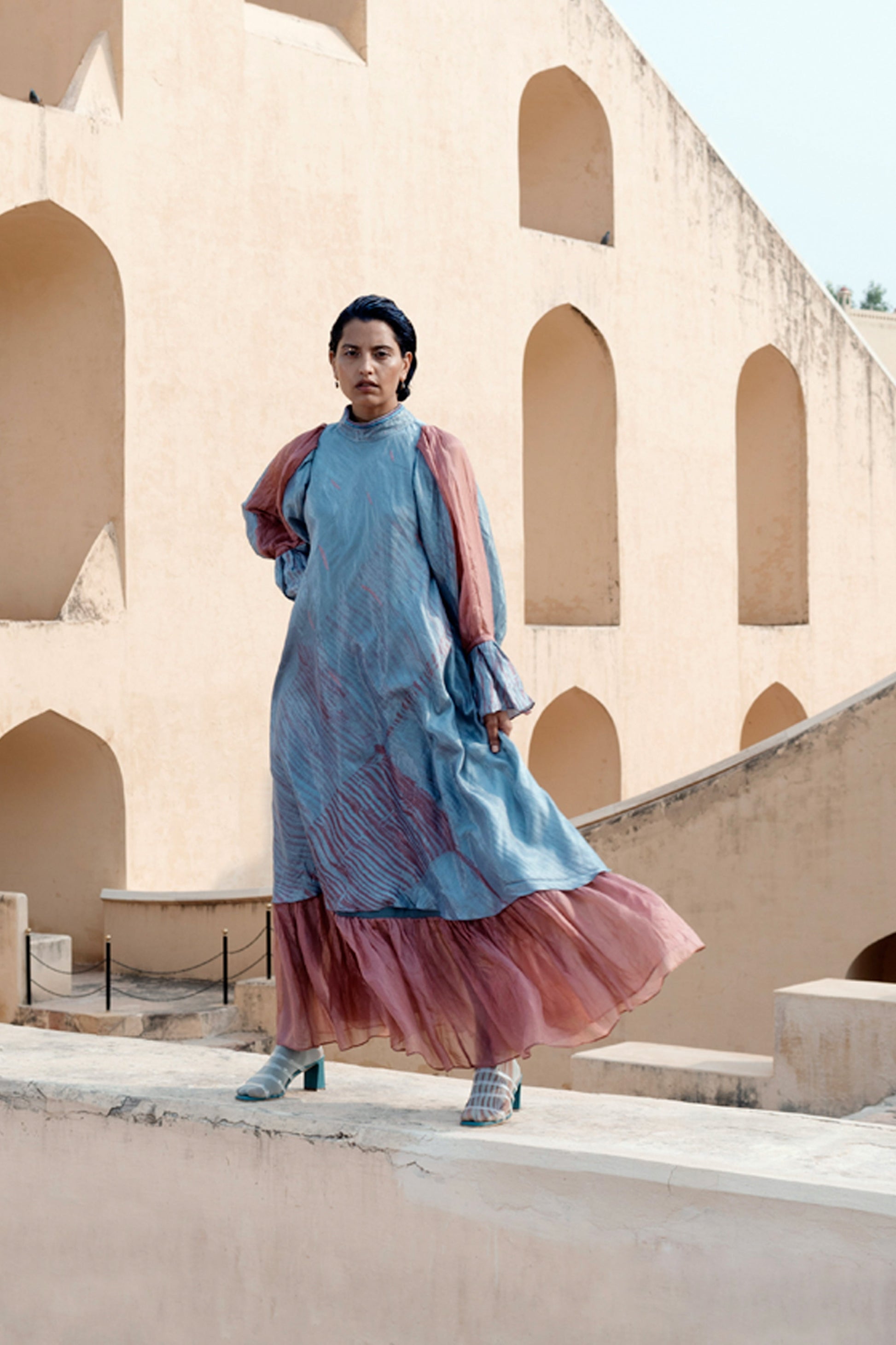 Blue Layered Silk Maxi Dress at Kamakhyaa by The Loom Art. This item is Between the Lines, Blue, Handwoven, July Sale, July Sale 2023, Maxi Dresses, Natural, Ombre & Dyes, Party Wear, Regular Fit, Silk, Womenswear
