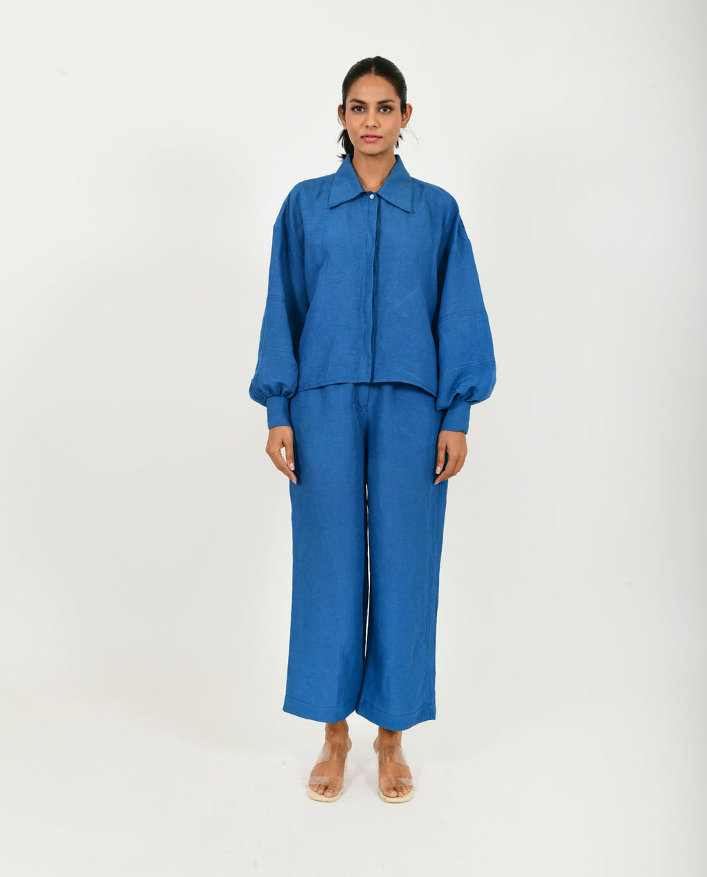 Blue Linen Bell Shirt at Kamakhyaa by Rias Jaipur. This item is Blue, Casual Wear, Linen Blend, Natural, Relaxed Fit, Shirts, Solids, Womenswear, Yaadein