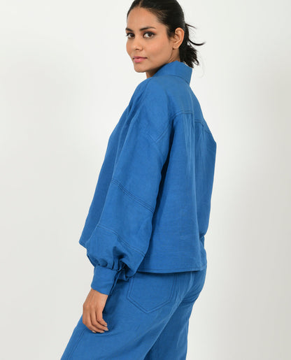 Blue Linen Bell Shirt at Kamakhyaa by Rias Jaipur. This item is Blue, Casual Wear, Linen Blend, Natural, Relaxed Fit, Shirts, Solids, Womenswear, Yaadein