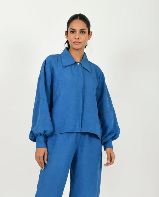 Blue Linen Bell Shirt at Kamakhyaa by Rias Jaipur. This item is Blue, Casual Wear, Linen Blend, Natural, Relaxed Fit, Shirts, Solids, Womenswear, Yaadein