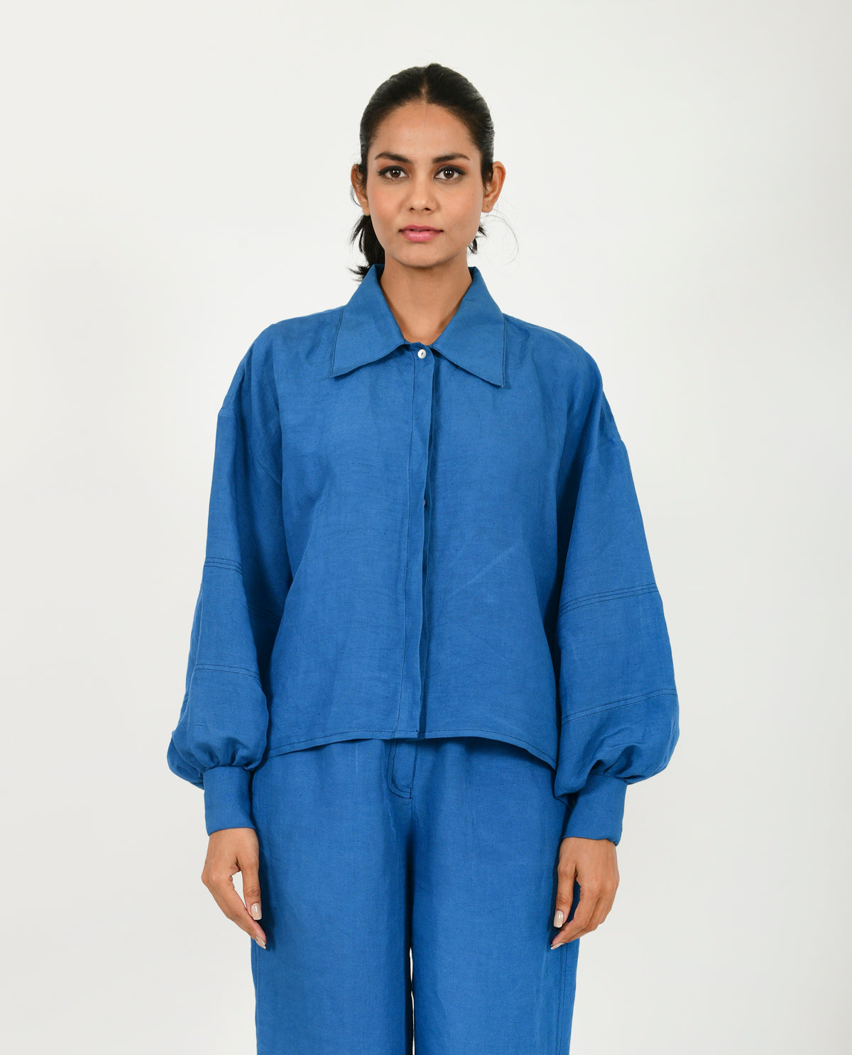 Blue Linen Bell Shirt at Kamakhyaa by Rias Jaipur. This item is Blue, Casual Wear, Linen Blend, Natural, Relaxed Fit, Shirts, Solids, Womenswear, Yaadein