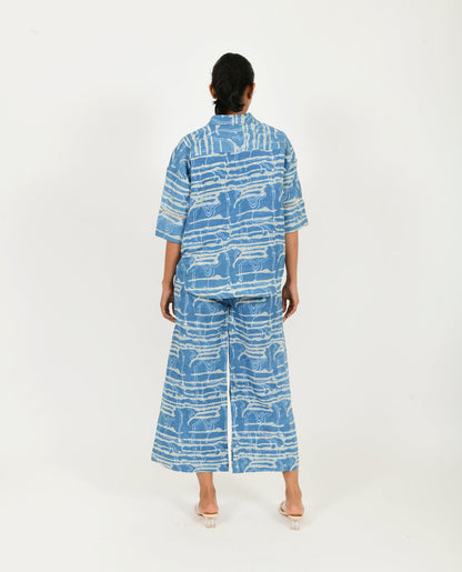 Blue Linen Co-ord Set at Kamakhyaa by Rias Jaipur. This item is Blue, Casual Wear, Co-ord Sets, Linen Blend, Natural, Prints, Relaxed Fit, Scribble Prints, Travel Co-ords, Womenswear, Yaadein