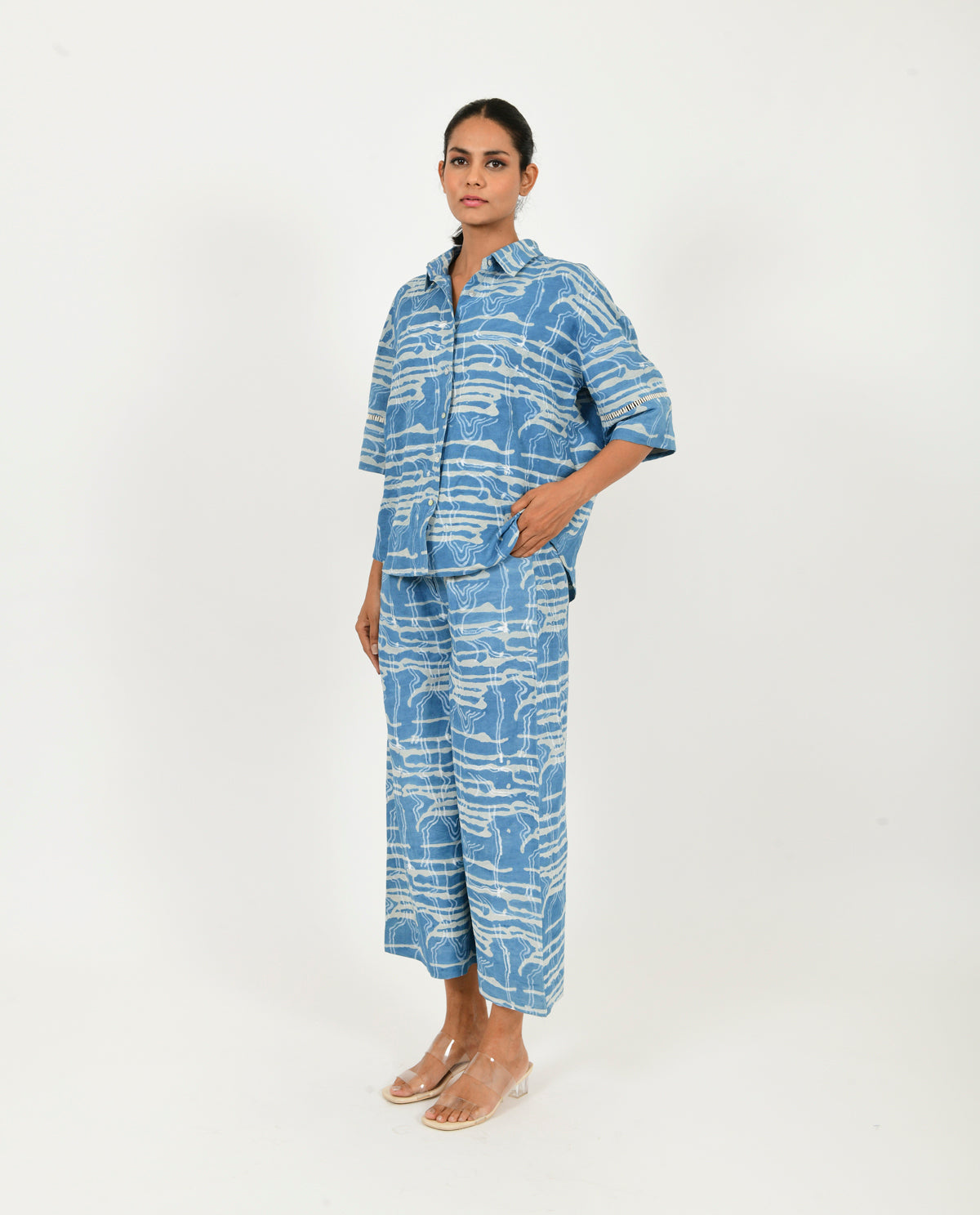 Blue Linen Co-ord Set at Kamakhyaa by Rias Jaipur. This item is Blue, Casual Wear, Co-ord Sets, Linen Blend, Natural, Prints, Relaxed Fit, Scribble Prints, Travel Co-ords, Womenswear, Yaadein