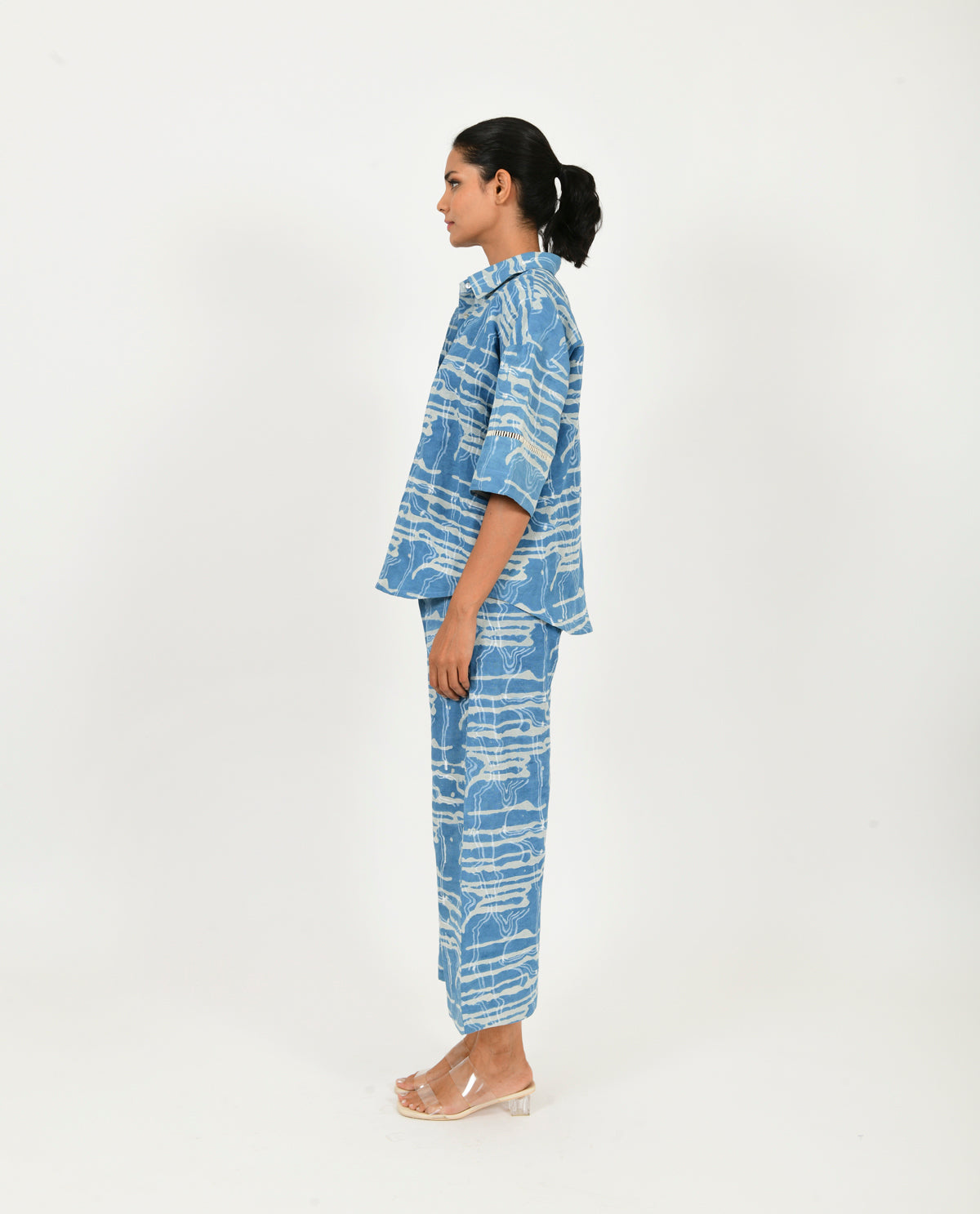 Blue Linen Co-ord Set at Kamakhyaa by Rias Jaipur. This item is Blue, Casual Wear, Co-ord Sets, Linen Blend, Natural, Prints, Relaxed Fit, Scribble Prints, Travel Co-ords, Womenswear, Yaadein