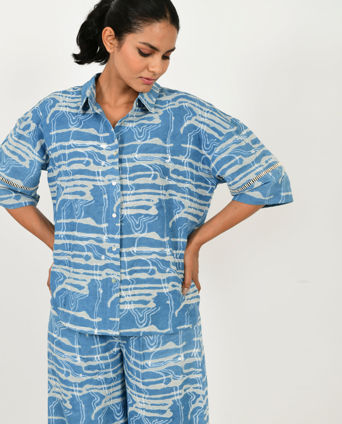 Blue Linen Co-ord Set at Kamakhyaa by Rias Jaipur. This item is Blue, Casual Wear, Co-ord Sets, Linen Blend, Natural, Prints, Relaxed Fit, Scribble Prints, Travel Co-ords, Womenswear, Yaadein