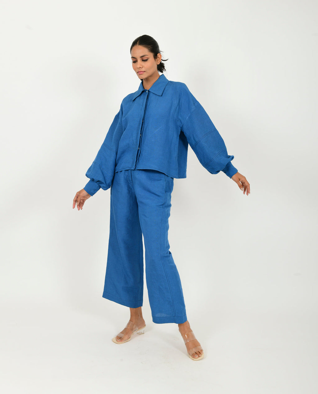 Blue Linen Co-ord Set at Kamakhyaa by Rias Jaipur. This item is Blue, Casual Wear, Co-ord Sets, Linen Blend, Natural, Relaxed Fit, Solids, Travel Co-ords, Womenswear, Yaadein