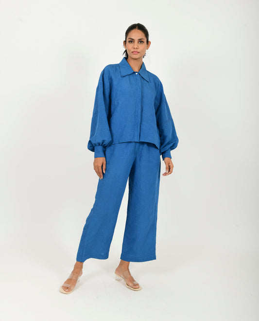 Blue Linen Co-ord Set at Kamakhyaa by Rias Jaipur. This item is Blue, Casual Wear, Co-ord Sets, Linen Blend, Natural, Relaxed Fit, Solids, Travel Co-ords, Womenswear, Yaadein