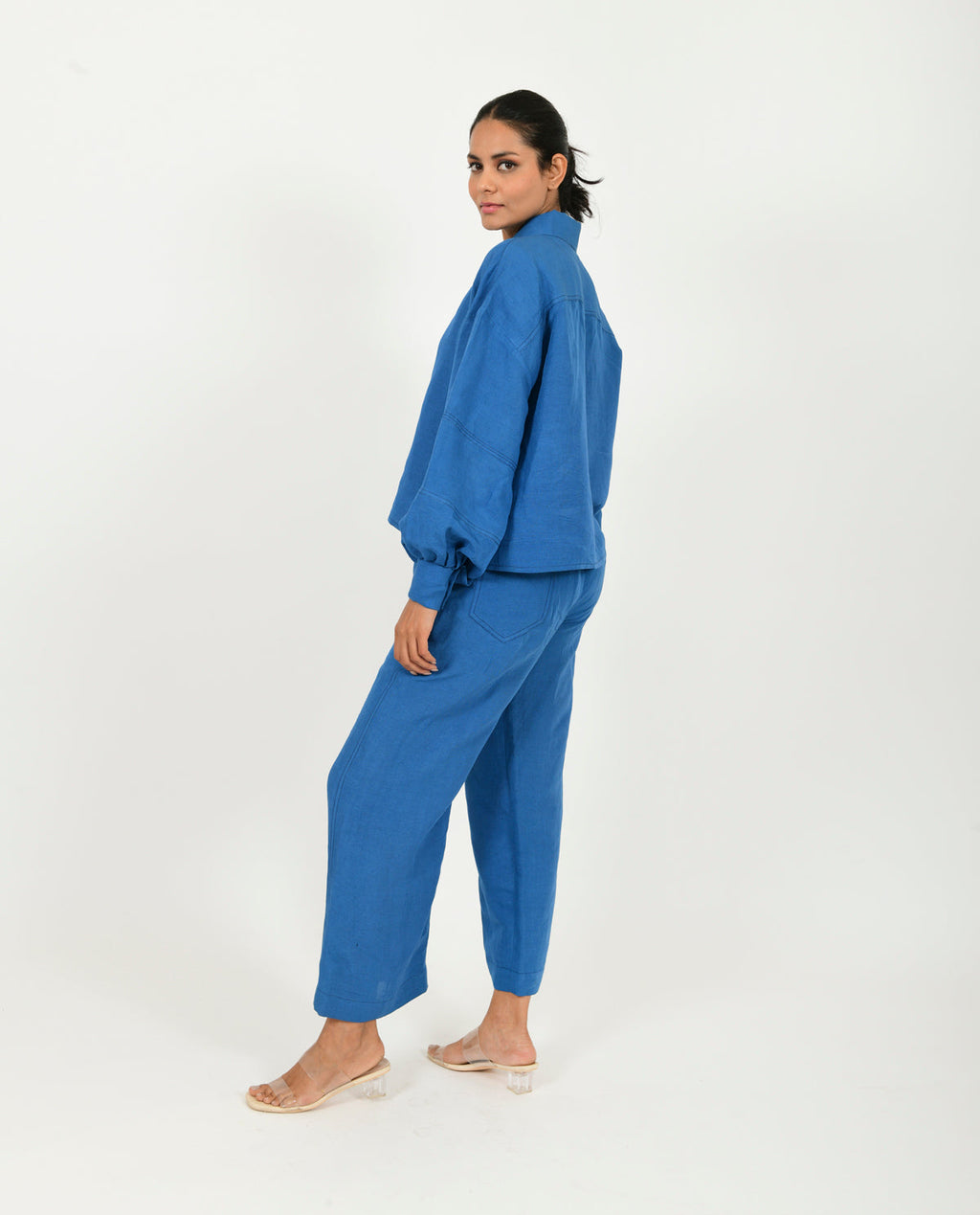 Blue Linen Co-ord Set at Kamakhyaa by Rias Jaipur. This item is Blue, Casual Wear, Co-ord Sets, Linen Blend, Natural, Relaxed Fit, Solids, Travel Co-ords, Womenswear, Yaadein