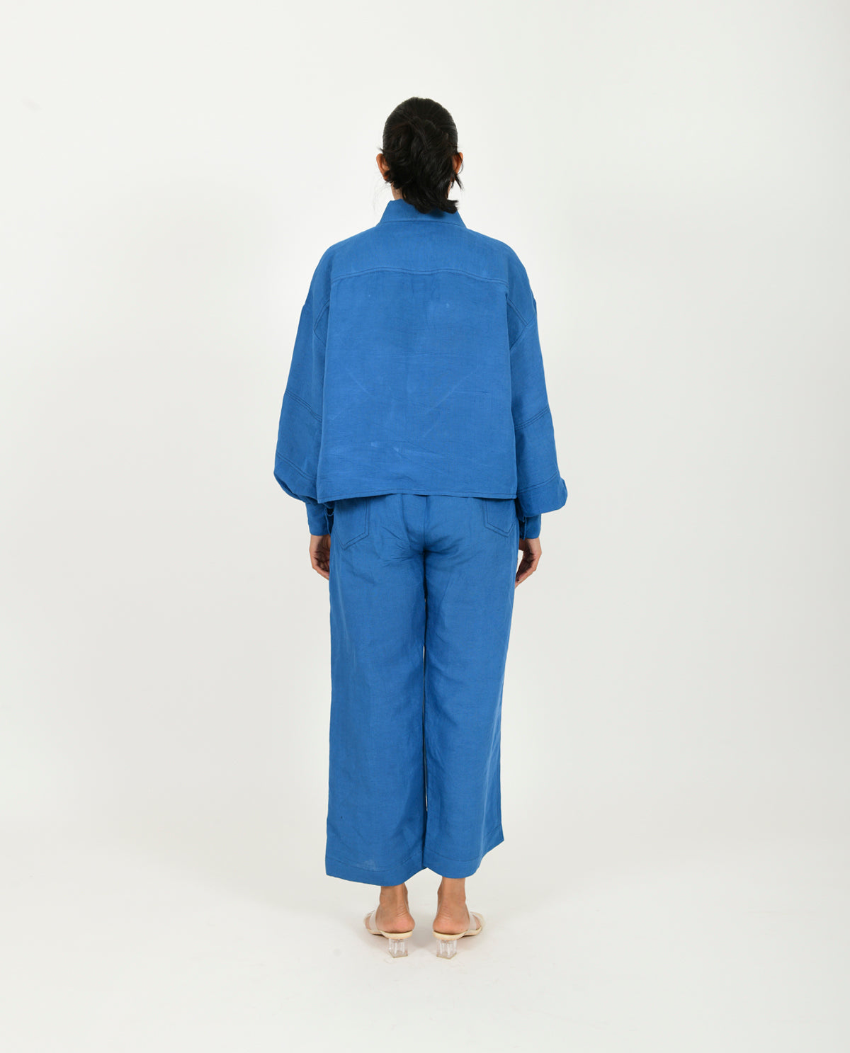 Blue Linen Co-ord Set at Kamakhyaa by Rias Jaipur. This item is Blue, Casual Wear, Co-ord Sets, Linen Blend, Natural, Relaxed Fit, Solids, Travel Co-ords, Womenswear, Yaadein