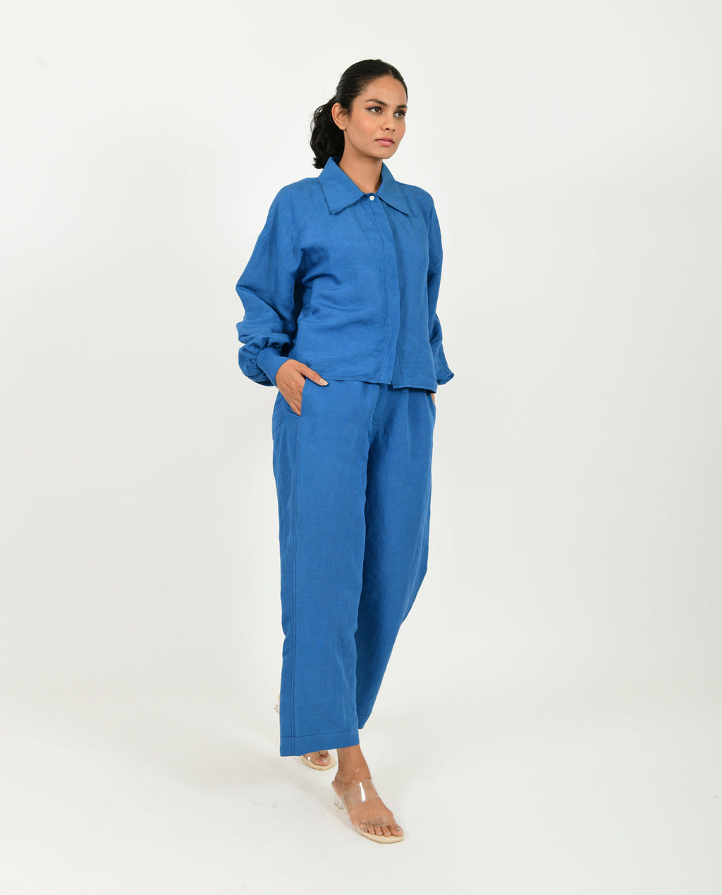 Blue Linen Co-ord Set at Kamakhyaa by Rias Jaipur. This item is Blue, Casual Wear, Co-ord Sets, Linen Blend, Natural, Relaxed Fit, Solids, Travel Co-ords, Womenswear, Yaadein