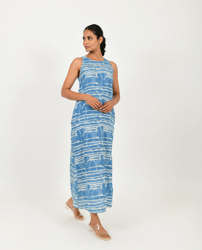 Blue Linen Maxi at Kamakhyaa by Rias Jaipur. This item is Blue, Casual Wear, Linen Blend, Midi Dresses, Natural, Prints, Regular Fit, Scribble Prints, Sleeveless Dresses, Womenswear, Yaadein