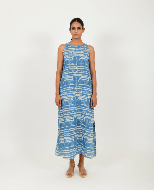 Blue Linen Maxi at Kamakhyaa by Rias Jaipur. This item is Blue, Casual Wear, Linen Blend, Midi Dresses, Natural, Prints, Regular Fit, Scribble Prints, Sleeveless Dresses, Womenswear, Yaadein