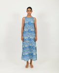 Blue Linen Maxi at Kamakhyaa by Rias Jaipur. This item is Blue, Casual Wear, Linen Blend, Midi Dresses, Natural, Prints, Regular Fit, Scribble Prints, Sleeveless Dresses, Womenswear, Yaadein