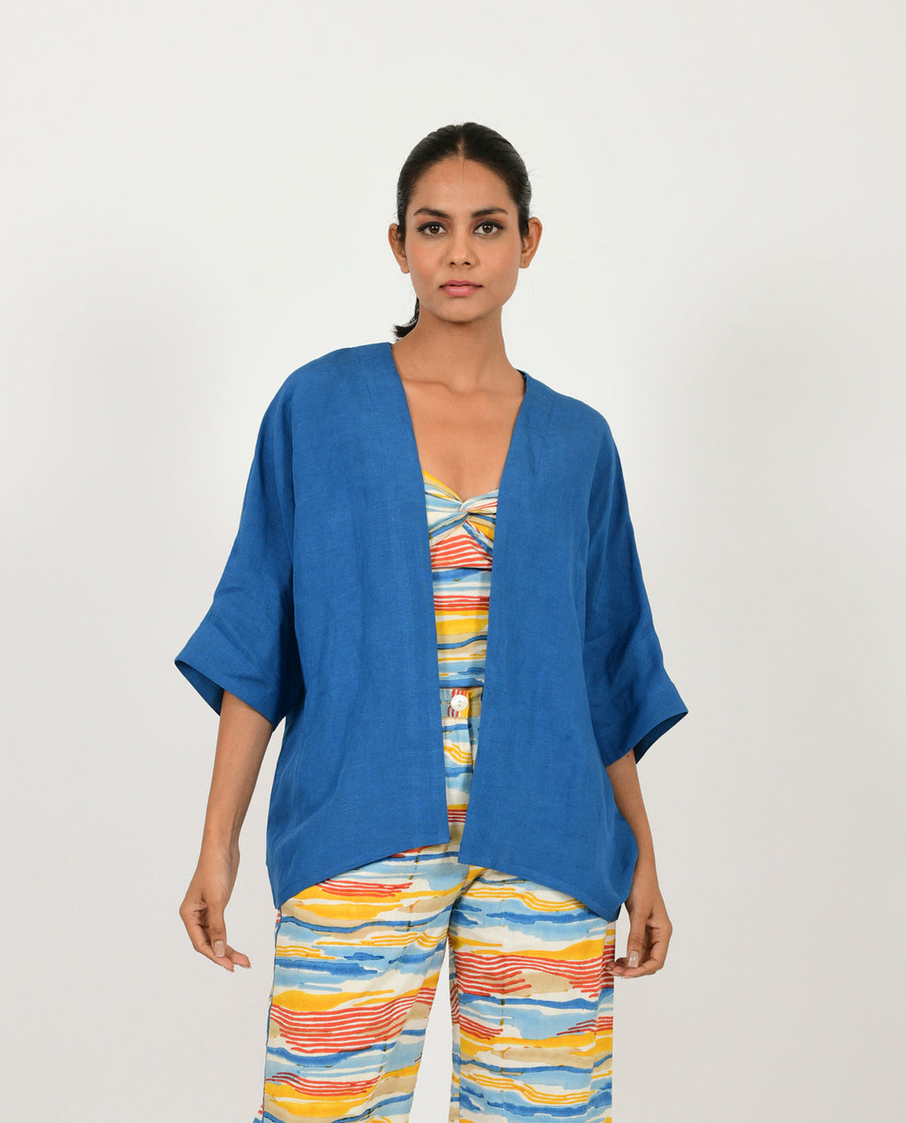 Blue Linen Overlay at Kamakhyaa by Rias Jaipur. This item is Blue, Casual Wear, Linen Blend, Natural, Relaxed Fit, Shrugs, Solids, Womenswear, Yaadein