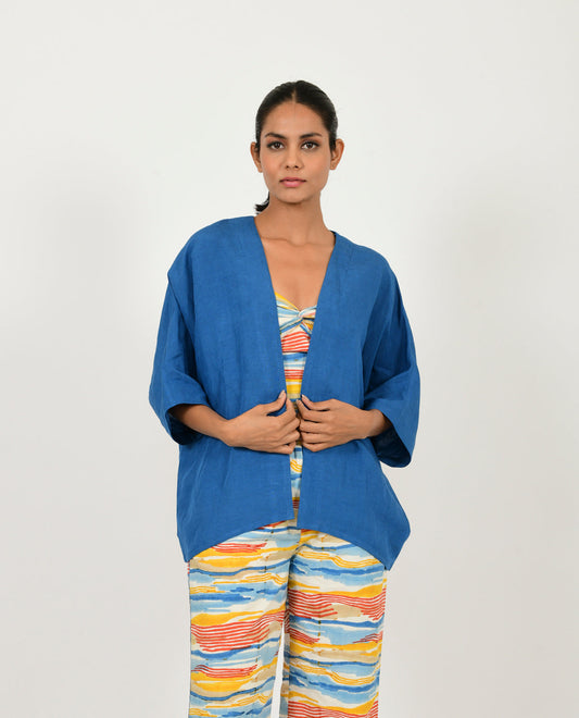 Blue Linen Overlay at Kamakhyaa by Rias Jaipur. This item is Blue, Casual Wear, Linen Blend, Natural, Relaxed Fit, Shrugs, Solids, Womenswear, Yaadein