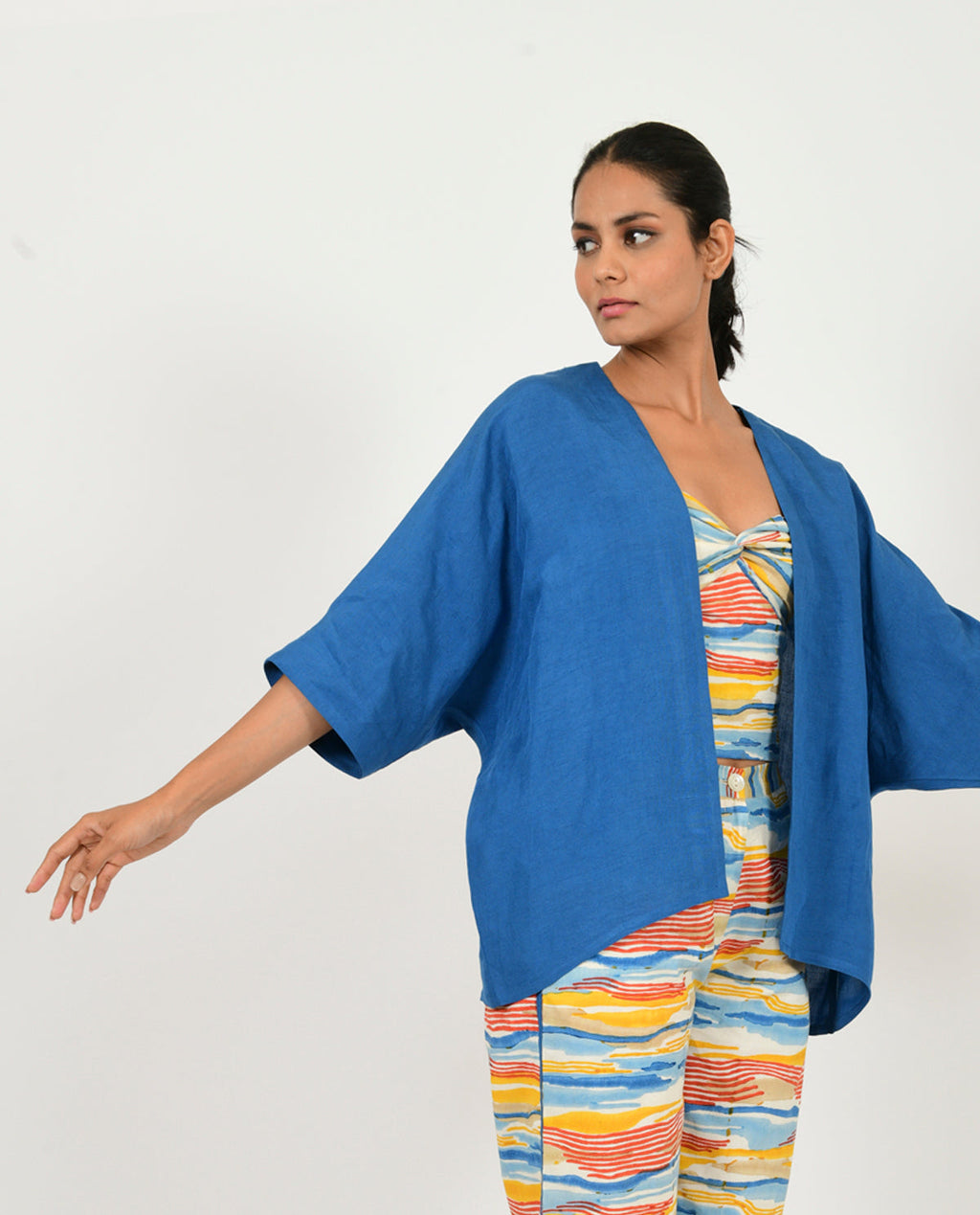 Blue Linen Overlay at Kamakhyaa by Rias Jaipur. This item is Blue, Casual Wear, Linen Blend, Natural, Relaxed Fit, Shrugs, Solids, Womenswear, Yaadein