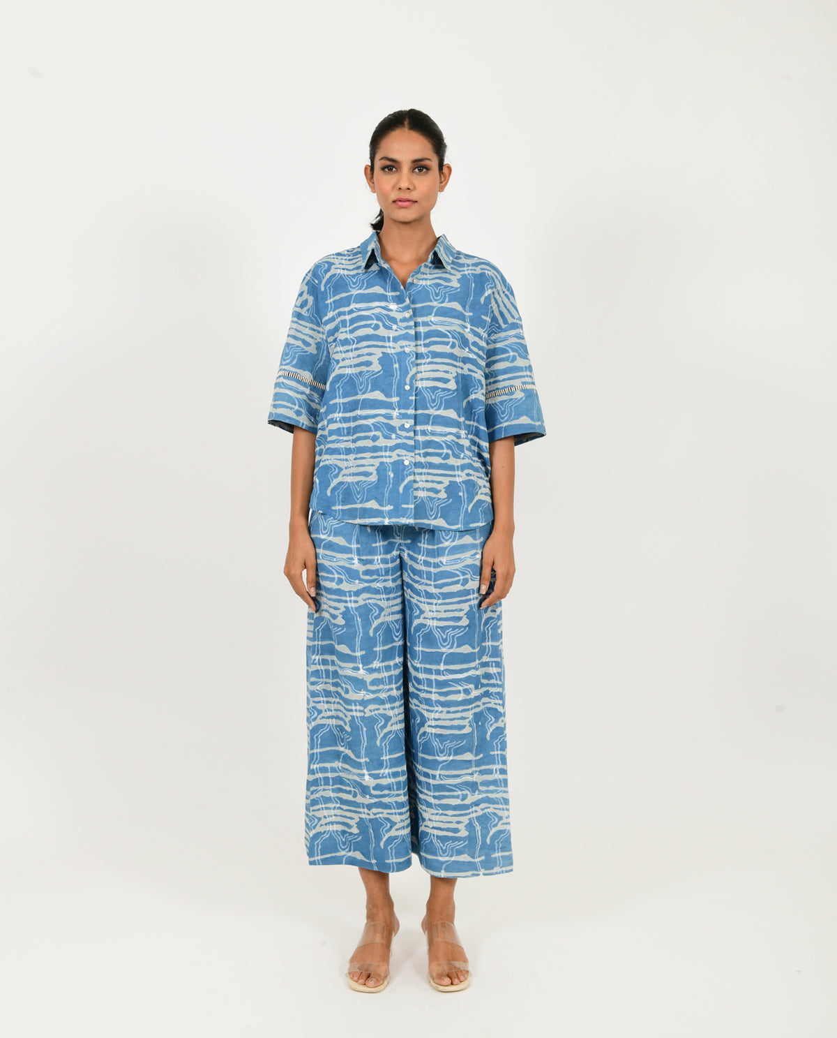 Blue Linen Pants at Kamakhyaa by Rias Jaipur. This item is Blue, Casual Wear, Linen Blend, Natural, Pants, Prints, Relaxed Fit, Scribble Prints, Womenswear, Yaadein
