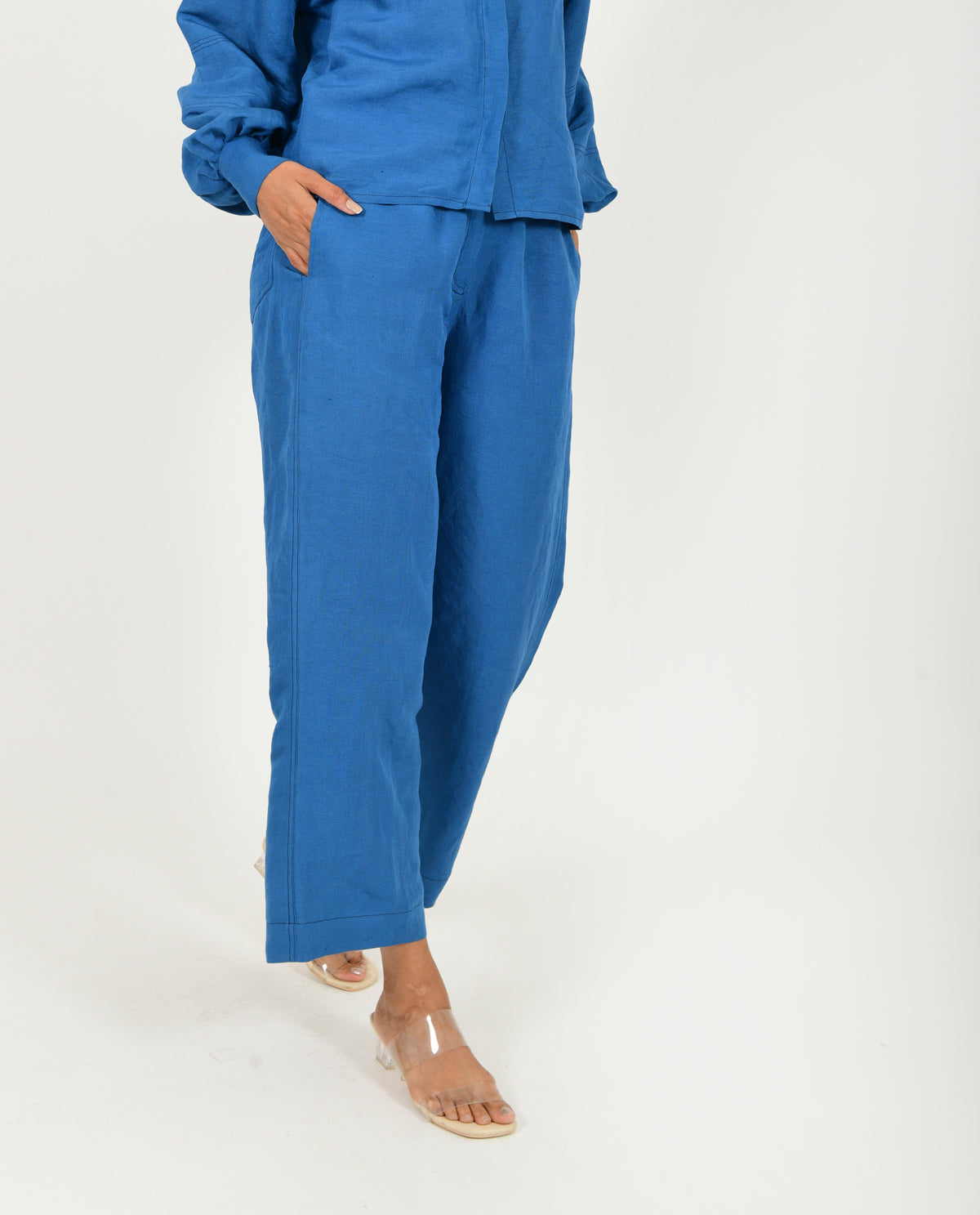 Blue Linen Pants at Kamakhyaa by Rias Jaipur. This item is Blue, Casual Wear, Linen Blend, Natural, Pants, Relaxed Fit, Solids, Womenswear, Yaadein