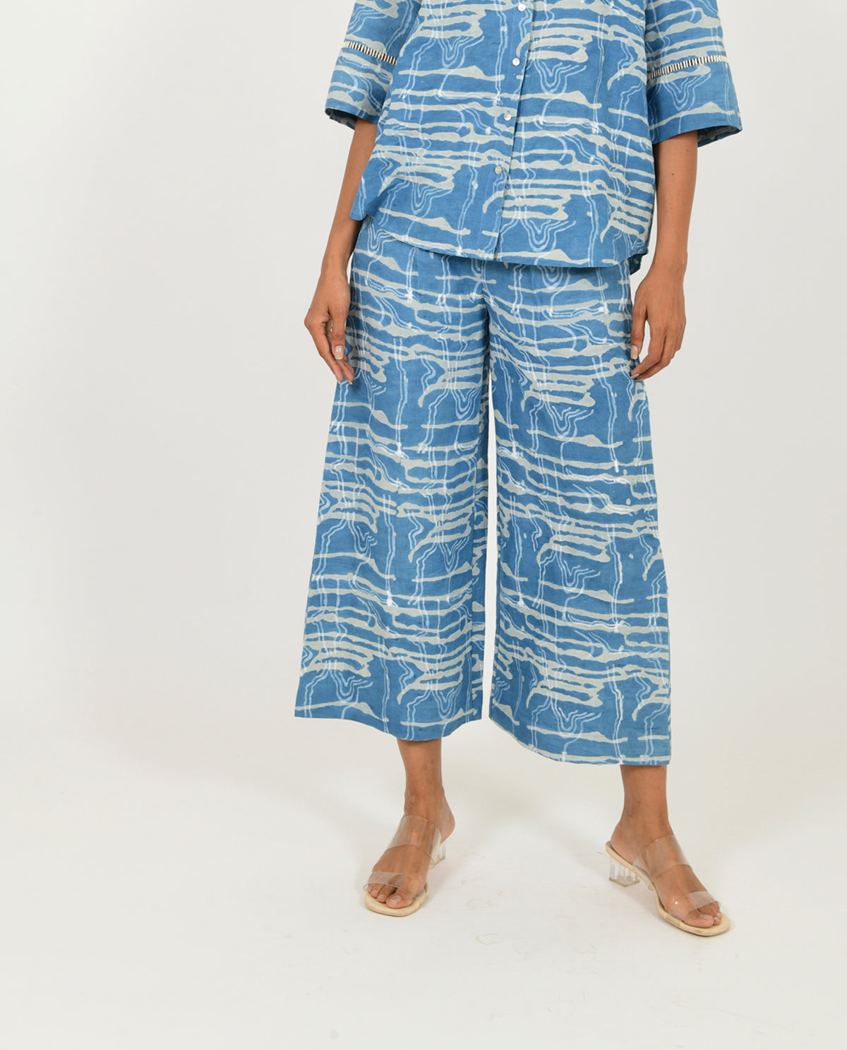 Blue Linen Pants at Kamakhyaa by Rias Jaipur. This item is Blue, Casual Wear, Linen Blend, Natural, Pants, Prints, Relaxed Fit, Scribble Prints, Womenswear, Yaadein