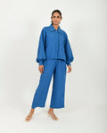 Blue Linen Pants at Kamakhyaa by Rias Jaipur. This item is Blue, Casual Wear, Linen Blend, Natural, Pants, Relaxed Fit, Solids, Womenswear, Yaadein