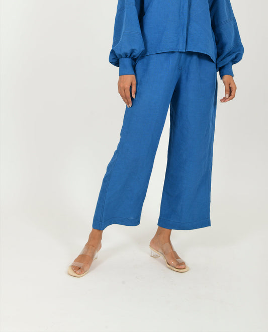 Blue Linen Pants at Kamakhyaa by Rias Jaipur. This item is Blue, Casual Wear, Linen Blend, Natural, Pants, Relaxed Fit, Solids, Womenswear, Yaadein