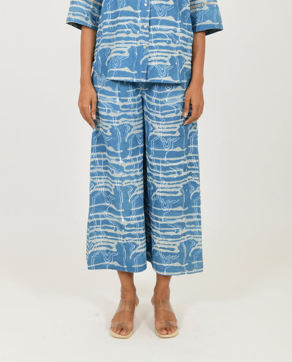 Blue Linen Pants at Kamakhyaa by Rias Jaipur. This item is Blue, Casual Wear, Linen Blend, Natural, Pants, Prints, Relaxed Fit, Scribble Prints, Womenswear, Yaadein