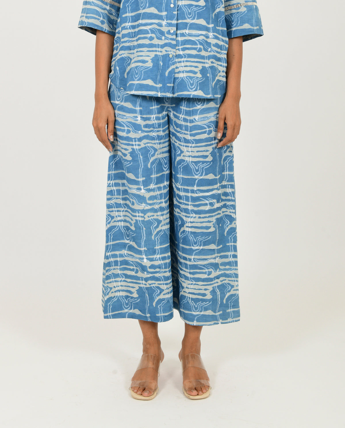 Blue Linen Pants at Kamakhyaa by Rias Jaipur. This item is Blue, Casual Wear, Linen Blend, Natural, Pants, Prints, Relaxed Fit, Scribble Prints, Womenswear, Yaadein