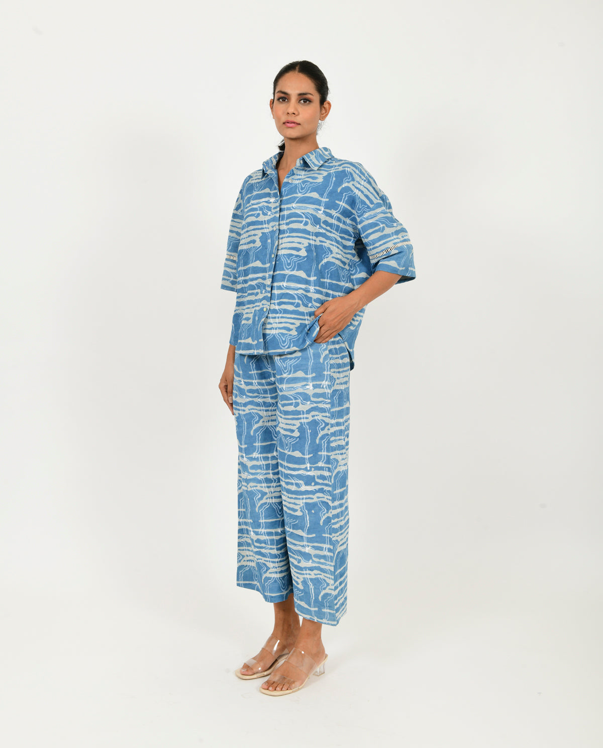 Blue Linen Pants at Kamakhyaa by Rias Jaipur. This item is Blue, Casual Wear, Linen Blend, Natural, Pants, Prints, Relaxed Fit, Scribble Prints, Womenswear, Yaadein