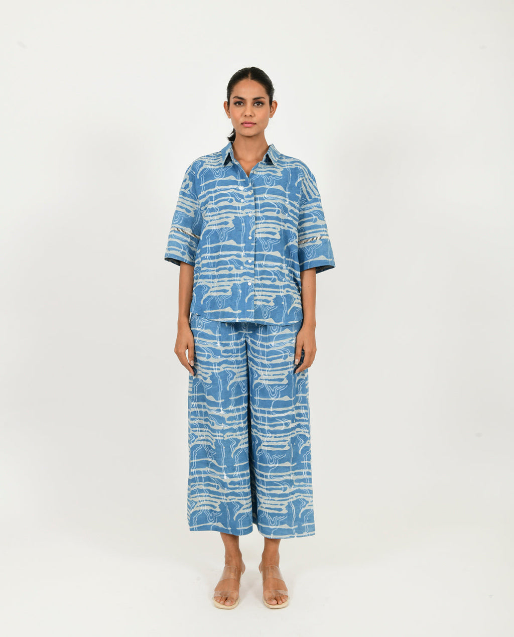Blue Linen Shirt at Kamakhyaa by Rias Jaipur. This item is Blue, Casual Wear, Linen Blend, Natural, Prints, Relaxed Fit, Scribble Prints, Shirts, Womenswear, Yaadein