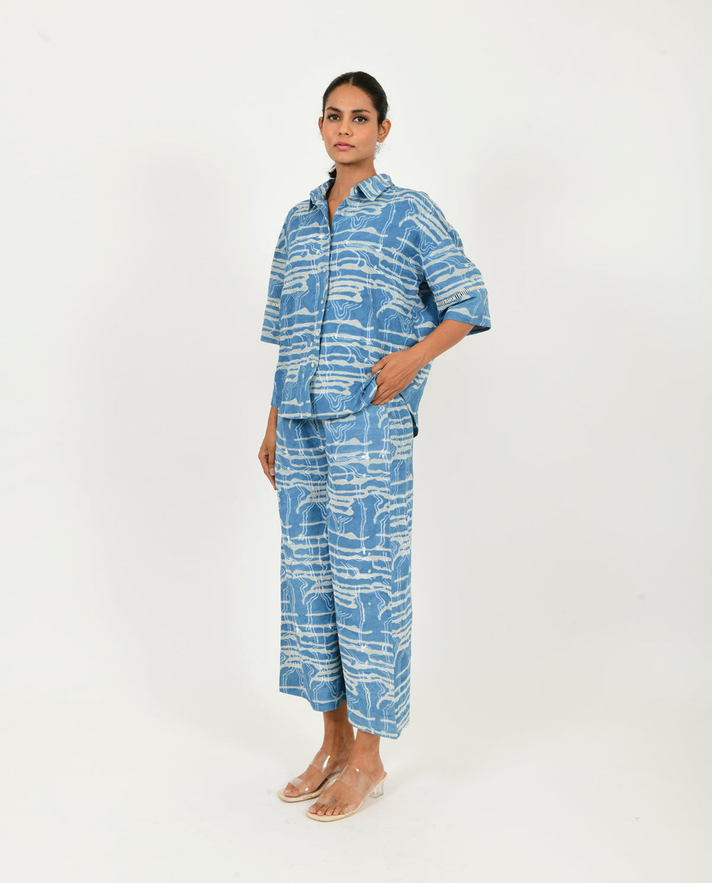 Blue Linen Shirt at Kamakhyaa by Rias Jaipur. This item is Blue, Casual Wear, Linen Blend, Natural, Prints, Relaxed Fit, Scribble Prints, Shirts, Womenswear, Yaadein