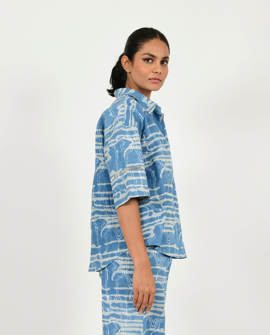 Blue Linen Shirt at Kamakhyaa by Rias Jaipur. This item is Blue, Casual Wear, Linen Blend, Natural, Prints, Relaxed Fit, Scribble Prints, Shirts, Womenswear, Yaadein