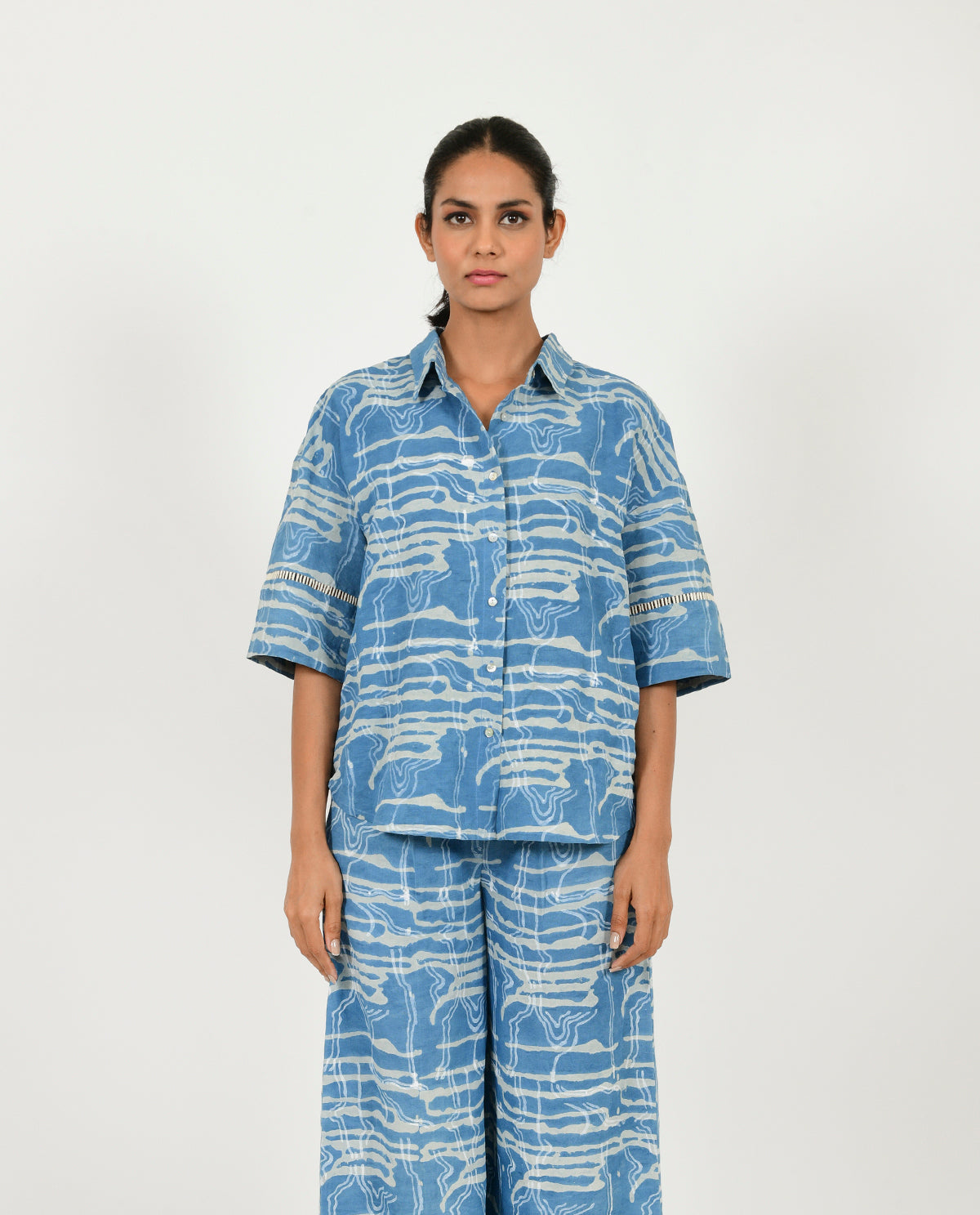 Blue Linen Shirt at Kamakhyaa by Rias Jaipur. This item is Blue, Casual Wear, Linen Blend, Natural, Prints, Relaxed Fit, Scribble Prints, Shirts, Womenswear, Yaadein