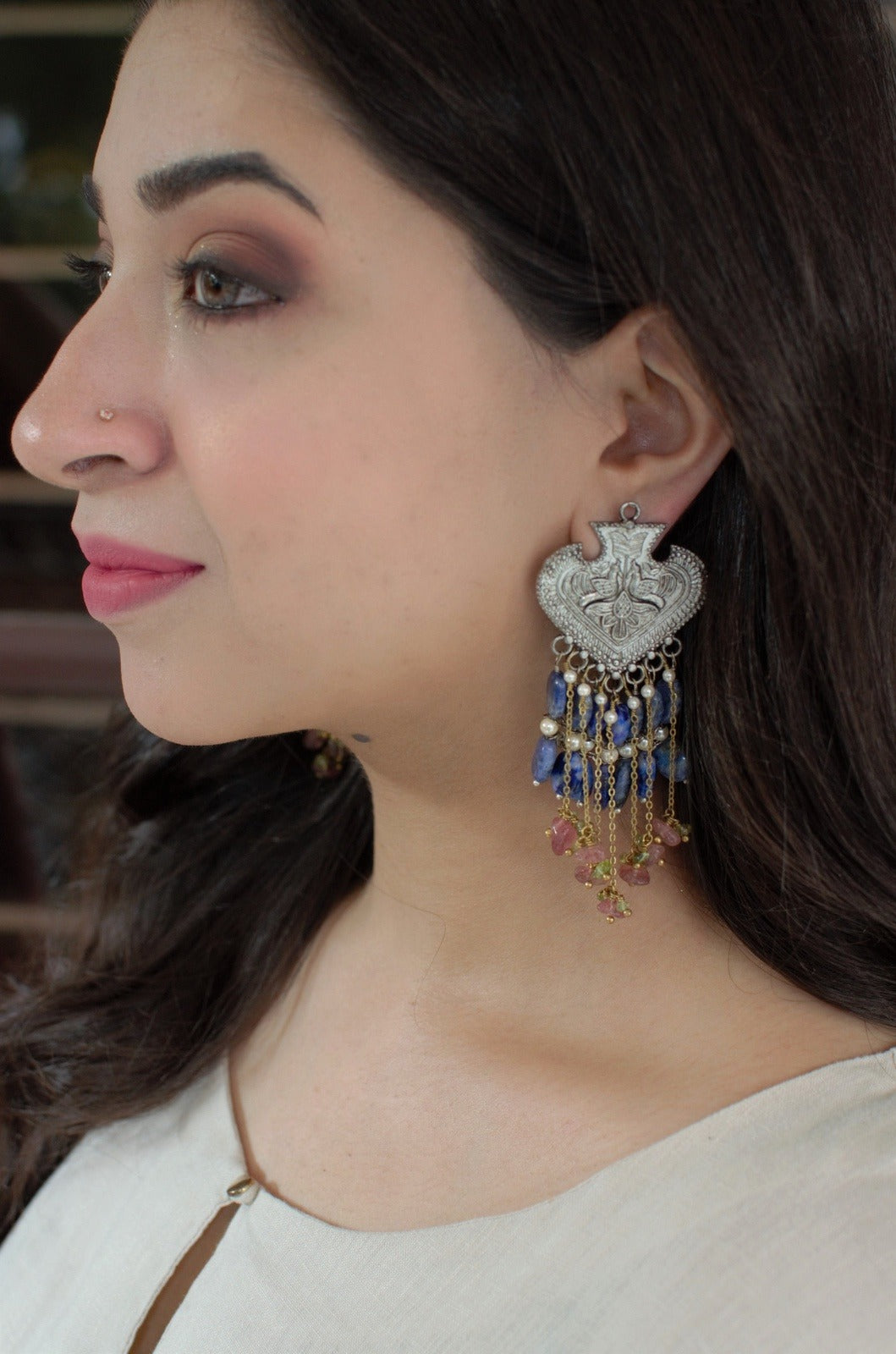 Blue Long Earring Sooryodaya Kaanphool at Kamakhyaa by House Of Heer. This item is Alloy Metal, Blue, Festive Jewellery, Festive Wear, Free Size, Gemstone, jewelry, July Sale, July Sale 2023, Long Earrings, Natural, Pearl, Solids