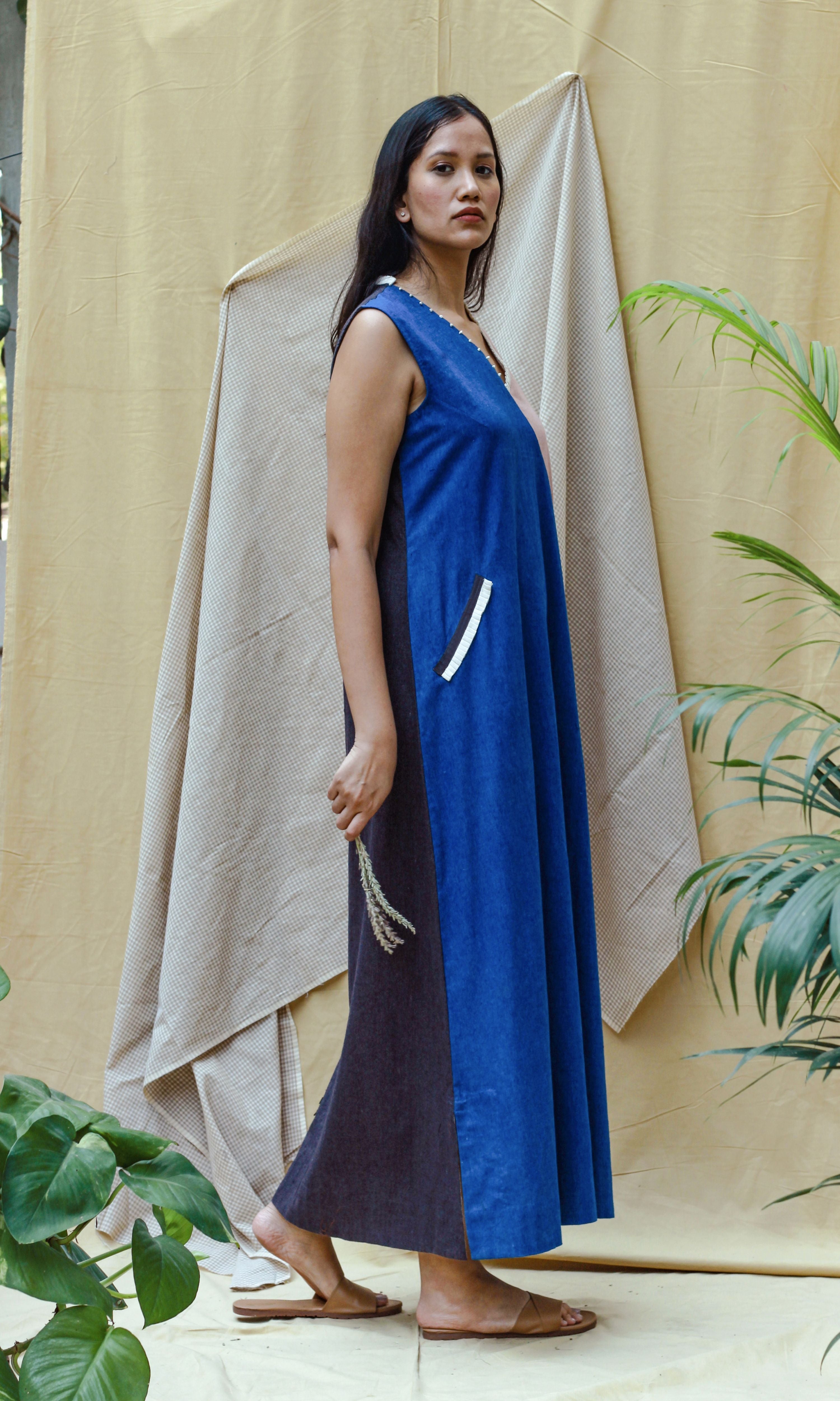 Blue Maxi Dress at Kamakhyaa by Chambray & Co.. This item is Blue, Casual Wear, Hand Spun Cotton, Maxi Dresses, Natural, Pink, Regular Fit, Render, Solids, Womenswear