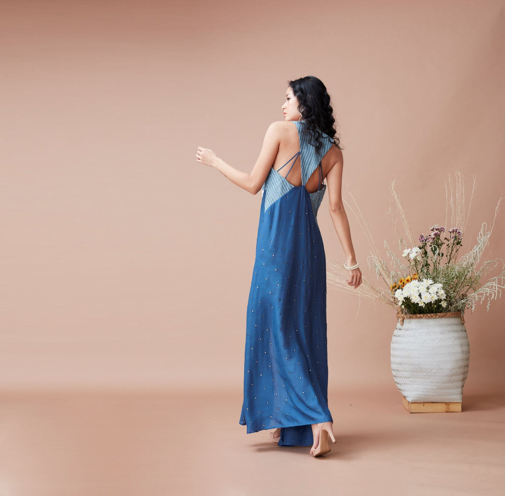 Blue Maxi Dress at Kamakhyaa by Dan Ba. This item is Blue, Cotton, July Sale, July Sale 2023, Maxi Dresses, Natural, Relaxed Fit, Resort Wear, Sleeveless Dresses, Solids, Womenswear