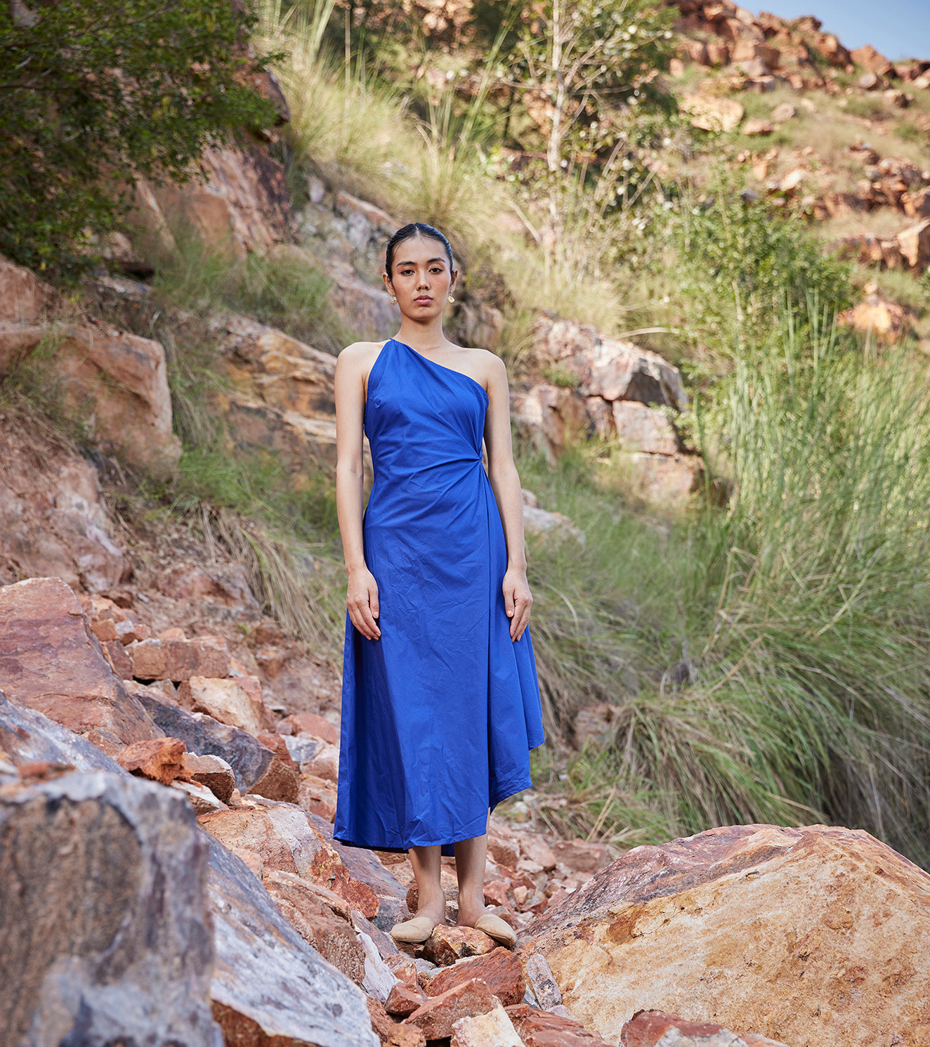 Blue Maxi Dress at Kamakhyaa by Khara Kapas. This item is Blue, Casual Wear, Cotton Poplin, For Birthday, For Daughter, Maxi Dresses, One Shoulder Dresses, Organic, Regular Fit, Solids, Under The Autumn Moon A/W 2022, Womenswear