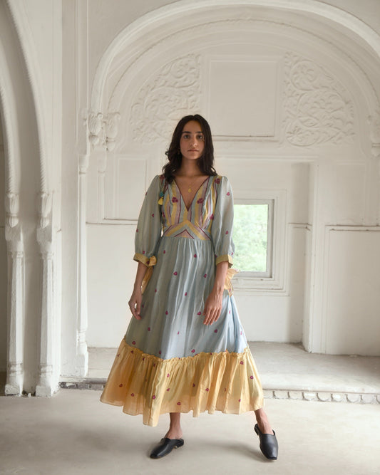 Blue Maxi Dress at Kamakhyaa by Taro. This item is Azo Free Dyes, Blue, Casual Wear, Chanderi Silk, Fitted At Waist, Garden Of Dreams, July Sale, July Sale 2023, Maxi Dresses, Prints, Tiered Dresses, Womenswear