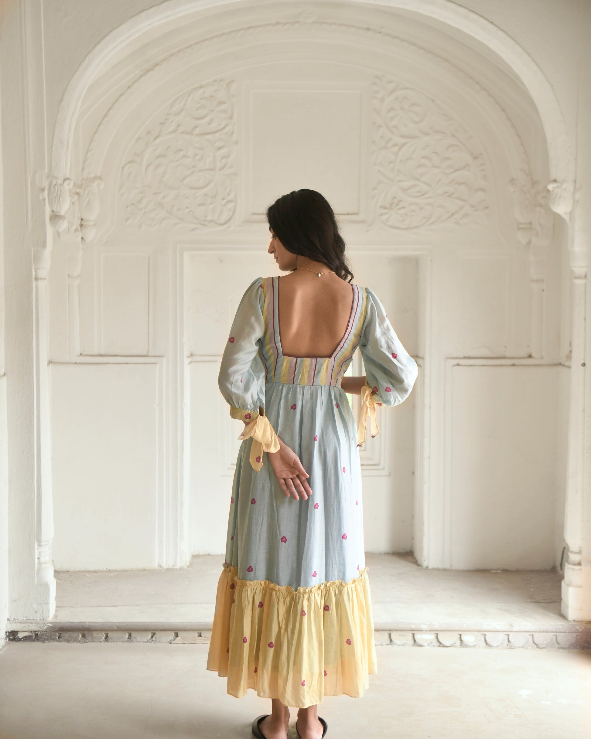 Blue Maxi Dress at Kamakhyaa by Taro. This item is Azo Free Dyes, Blue, Casual Wear, Chanderi Silk, Fitted At Waist, Garden Of Dreams, July Sale, July Sale 2023, Maxi Dresses, Prints, Tiered Dresses, Womenswear