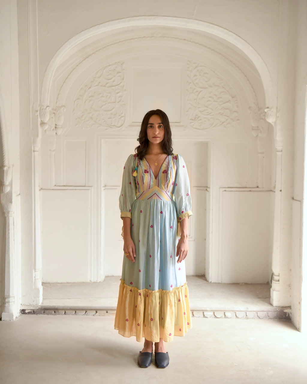 Blue Maxi Dress at Kamakhyaa by Taro. This item is Azo Free Dyes, Blue, Casual Wear, Chanderi Silk, Fitted At Waist, Garden Of Dreams, July Sale, July Sale 2023, Maxi Dresses, Prints, Tiered Dresses, Womenswear