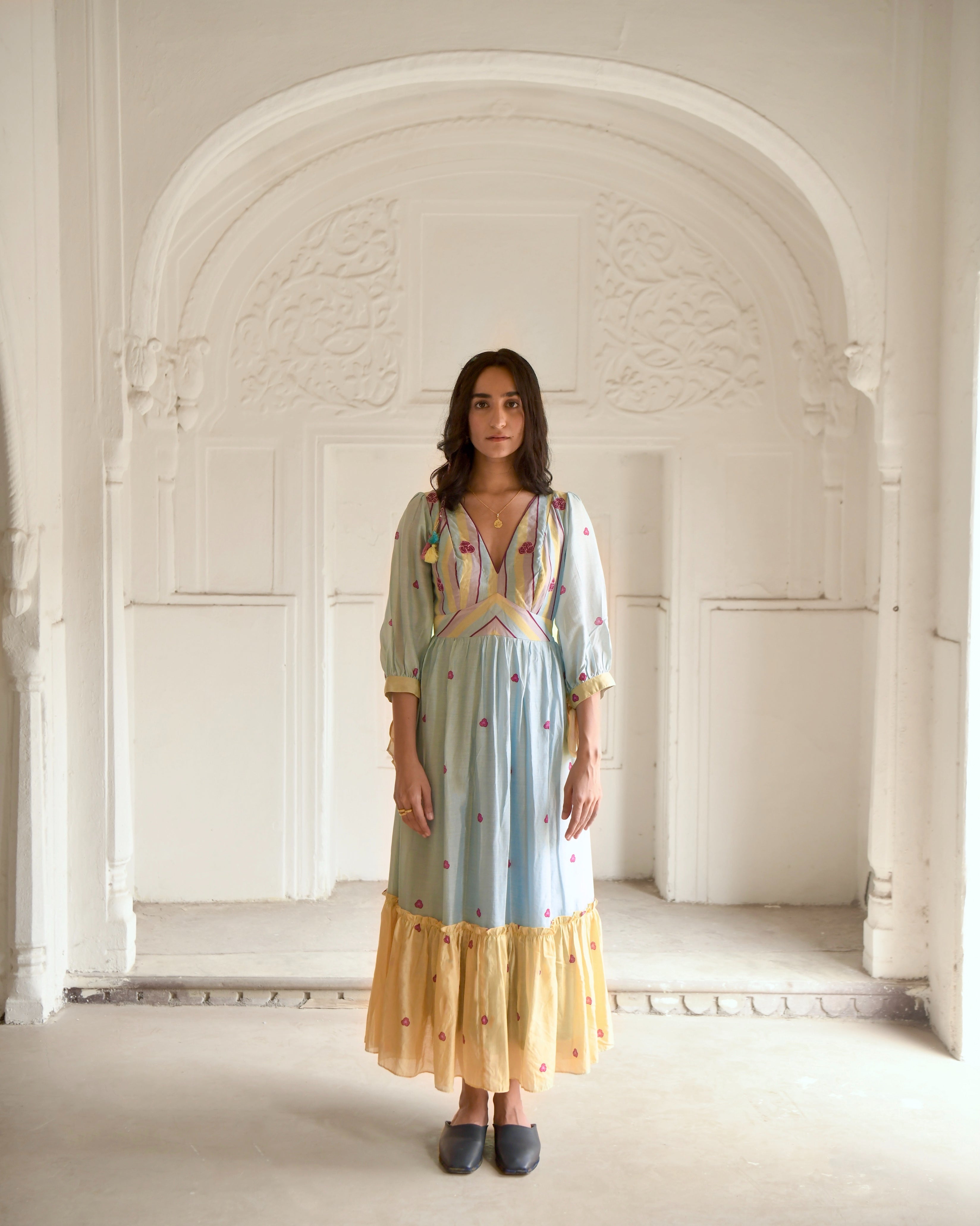 Blue Maxi Dress at Kamakhyaa by Taro. This item is Azo Free Dyes, Blue, Casual Wear, Chanderi Silk, Fitted At Waist, Garden Of Dreams, July Sale, July Sale 2023, Maxi Dresses, Prints, Tiered Dresses, Womenswear