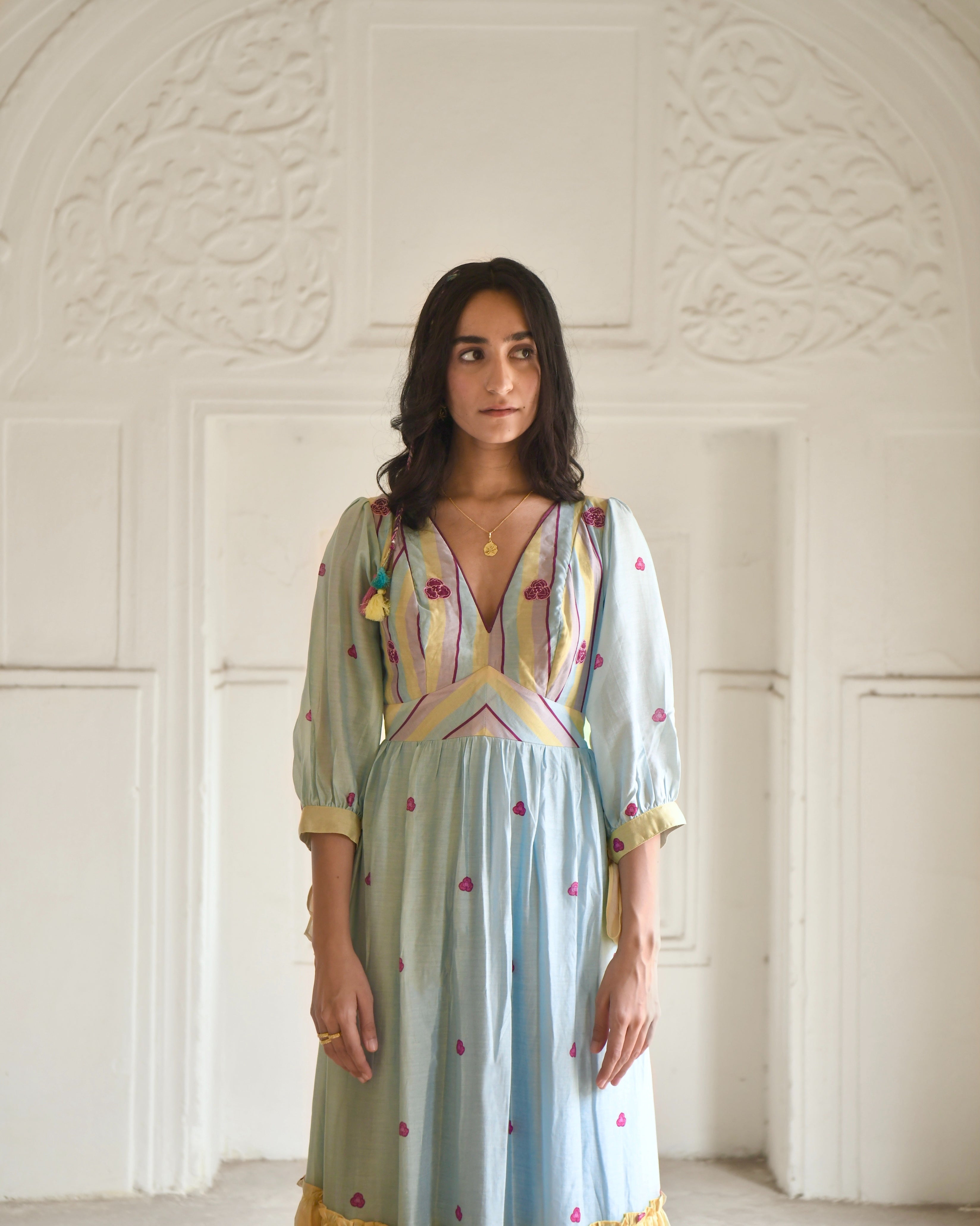 Blue Maxi Dress at Kamakhyaa by Taro. This item is Azo Free Dyes, Blue, Casual Wear, Chanderi Silk, Fitted At Waist, Garden Of Dreams, July Sale, July Sale 2023, Maxi Dresses, Prints, Tiered Dresses, Womenswear